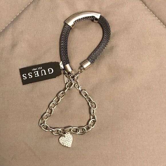 GUESS Silver and Black Mesh Bracelet with Heart Charm 2 bracelets - Picture 1 of 3